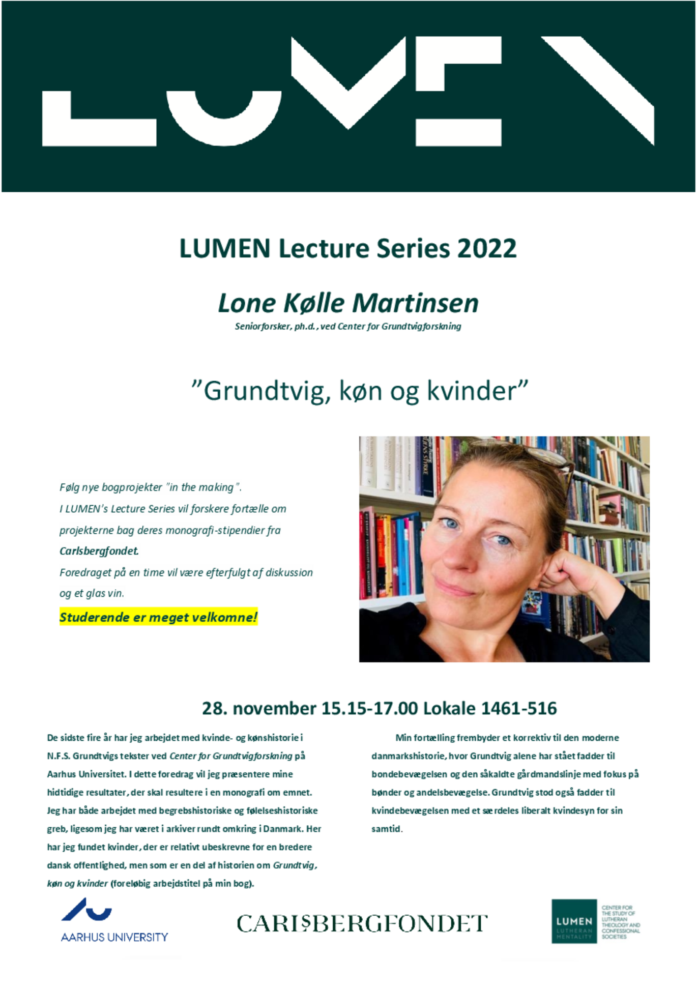 Plakat med en beskrivelse af arrangementet og et billede af Lone Martinsen