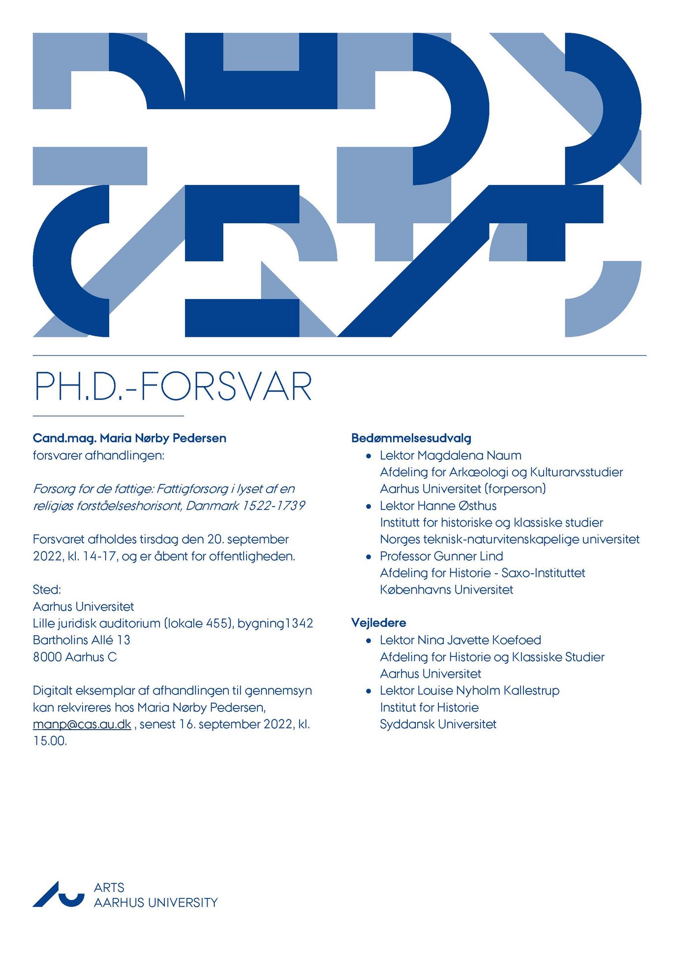 Plakat, der viser programmet og indholdet for ph.d. forsvaret